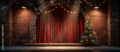 stage brick and red curtain with christmas concept
