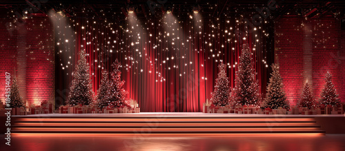 stage brick and red curtain with christmas concept