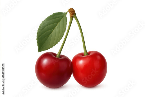 Fresh ripe cherries hanging from stem with green leaf, juicy sweet summer fruit on transparent background