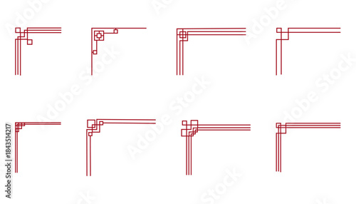 Korean traditional line borders set with knot corners ornament. Collection festive asian frame corners. Traditional Asian pattern for decoration of banners, holiday cards and Asian culture products