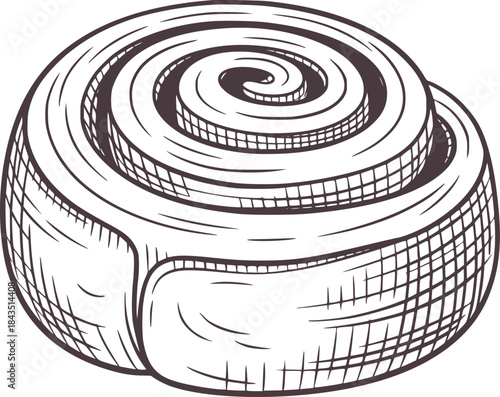 Black and white line of a cinnamon roll view pastry
