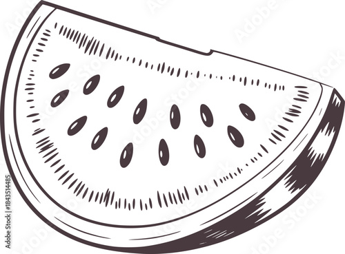 Black and white line of a watermelon slice seeds rind
