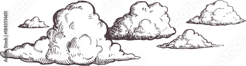 Black and white of four fluffy cumulus clouds