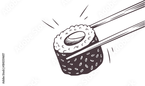 Black and white of sushi piece held by chopsticks rice