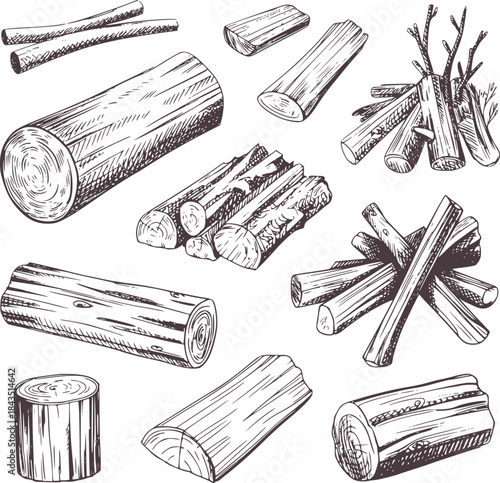 Black and white of various chopped and stacked logs