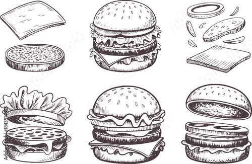 Black and white style hamburger and sandwich ingredients