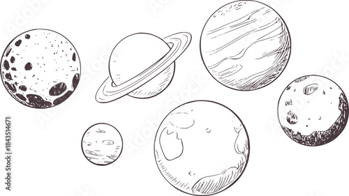Black and white style of celestial planets craters