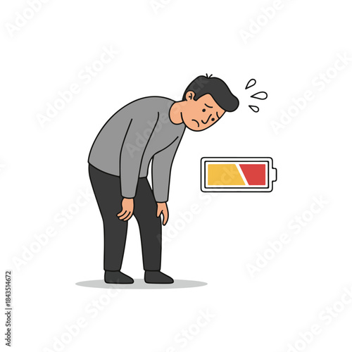 Burnout and Low Energy Man Illustration with Empty Battery Symbol for Work Fatigue