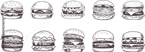 Black and white style of various hamburgers food