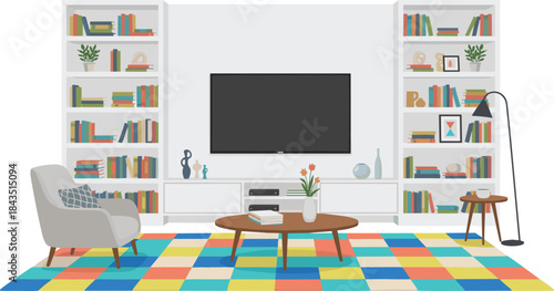 Modern living room interior illustration, cozy home decor with sofa bookshelves television coffee table, colorful rug, minimalist design style