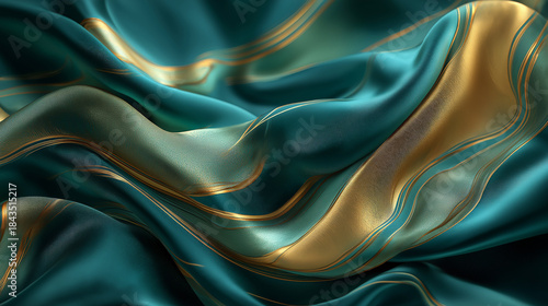 Abstract luxurious silk fabric folds in deep emerald and golden tones, elegant flowing texture