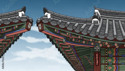 Traditional Korean temple roofs with ornate details architectural illustration for travel and cultural concepts clear bl