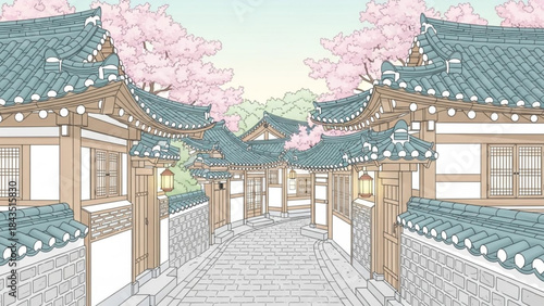 Traditional Korean village street with cherry blossoms in spring charming hanok houses and tiled roofs serene travel ill