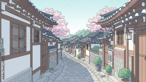 Traditional Korean village street with cherry blossoms a serene architectural scene for travel and cultural themes vecto
