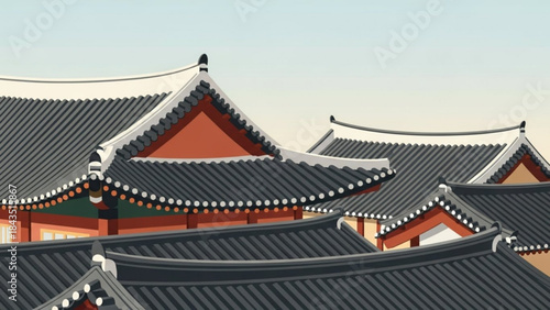 Traditional Korean palace rooftops detailed architectural illustration cultural landmark for travel and history concepts