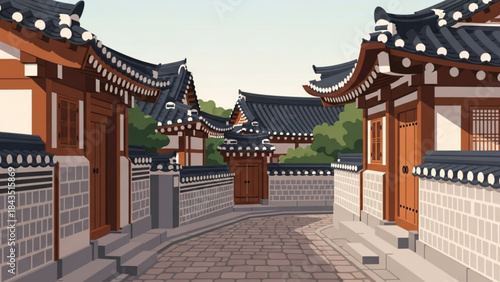 Traditional Korean Hanok village street architectural illustration with tiled roofs and stone walls representing cultura