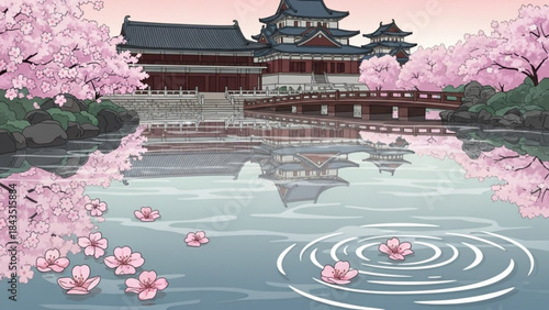 Traditional Japanese palace with cherry blossoms and a tranquil pond serene spring landscape illustration for travel and