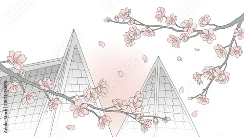 Cherry blossom branches with falling petals in front of modern geometric buildings spring concept illustration