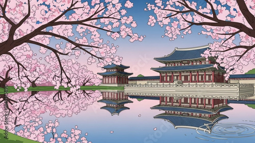 Traditional Korean palace with cherry blossoms reflected in water a serene spring landscape illustration