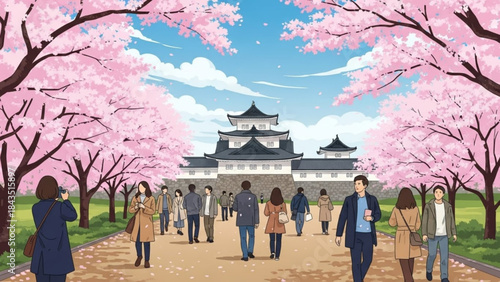 People walking under blooming cherry blossom trees towards a Japanese castle spring travel and cultural tourism concept