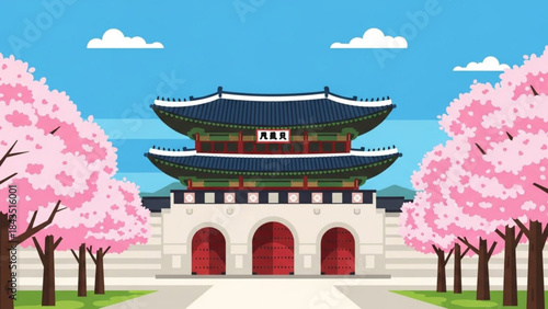 Gyeongbokgung Palace gate with cherry blossoms traditional Korean architecture in spring vector illustration for travel 