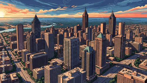 Aerial view of a sprawling cityscape at sunset modern skyscrapers and urban landscape perfect for business and travel co