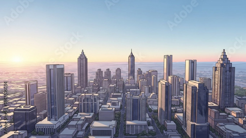 Modern cityscape with skyscrapers at sunrise urban skyline for business and finance concepts aerial view