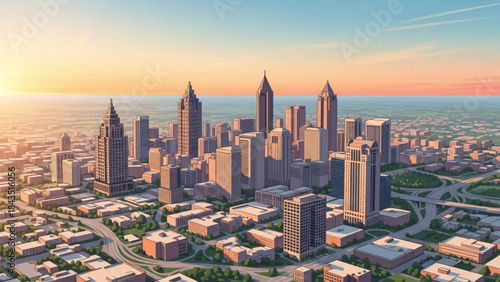 Modern city skyline at sunset urban landscape with skyscrapers and highways aerial view for business and travel concepts
