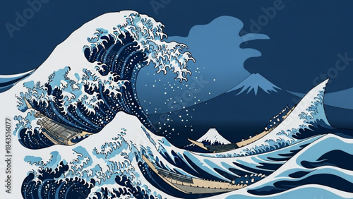 The Great Wave off Kanagawa iconic Japanese woodblock print art depicting a large ocean wave and Mount Fuji