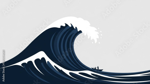 Giant ocean wave crashing with small boat and people representing natures power and adventure flat vector illustration