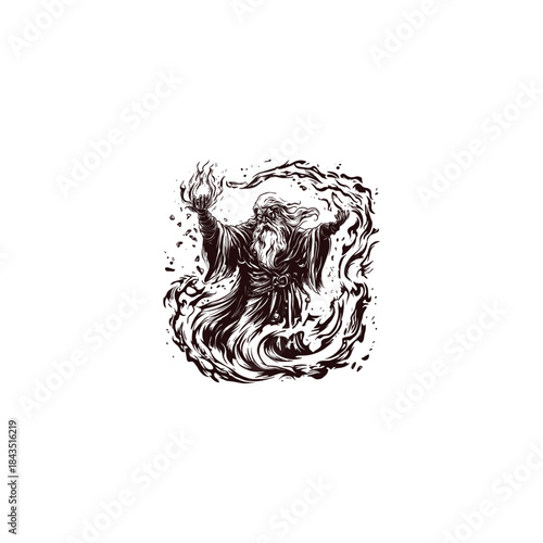 Majestic old wizard with a long beard standing on a rocky hill holding a glowing magical flame in hand-drawn vintage style.