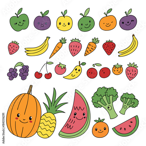 Cute kawaii style fruits and vegetables with happy faces, A vibrant collection of hand-drawn fruits and vegetables, each with adorable kawaii-style faces, presented in a playful and colorful illustrat