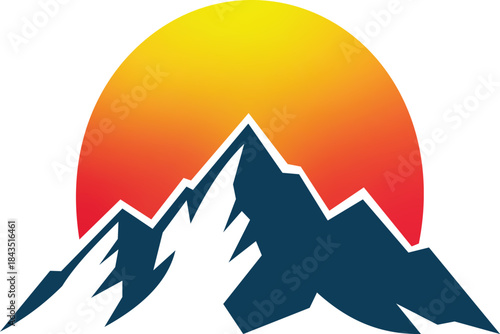 This vibrant design features a stylized mountain silhouette beneath a radiant sunset. The gradient of warm colors in the sun contrasts beautifully with the cool tones of the mountains, evoking a sense