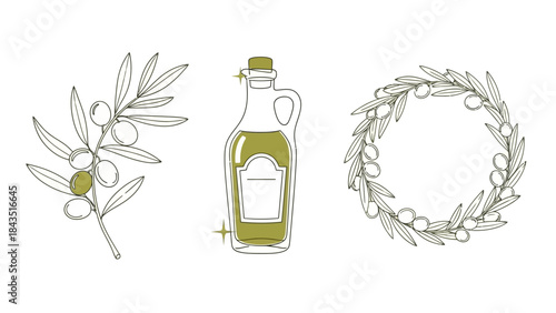 Graceful olive branch vector elements with continuous line drawing, oil bottle, and wreath for organic branding