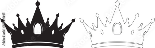 Black Crown Vector Icon and Outline Graphic Set for Design isolated PNG with Transparent Background