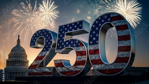 Monumental three dimensional number two hundred fifty decorated with american flag pattern celebrates bicentennial anniversary near capitol building with fireworks display