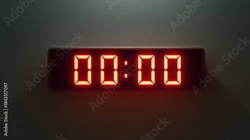 Red digital clock showing 00:00 midnight or start time. Zero hour on electronic timer display. Concept of new year, beginning, deadline, time.