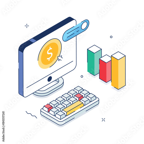 Trendy isometric illustration of online finance, pay per click online marketing