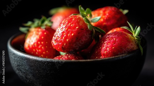 Many red fresh strawberry in black bowl. Juicy fruit with green leaves for healthy summer dessert and organic food concept.