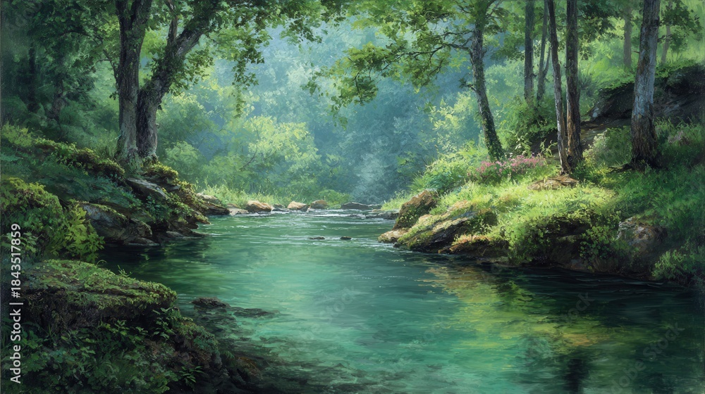 Naklejka premium Green river flows through forest with trees and rocks on sunny day in a natural landscape