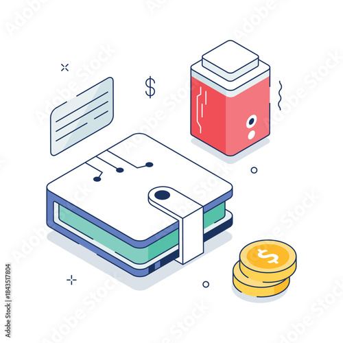 Secure digital wallets and online payments, trendy isometric illustration