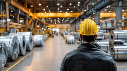 Man wearing hard hat, supervising production in heavy industry factory. Industrial worker in manufacturing plant. Metal sheet coils in warehouse.