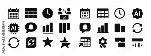 Collection of black business and technology icons set on white b