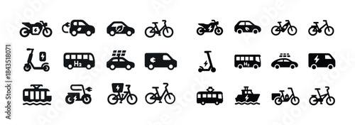 Sustainable transport icons: electric, hydrogen, solar vehicles