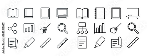 Vector icons: books, tablets, charts, magnifying glass, rulers,