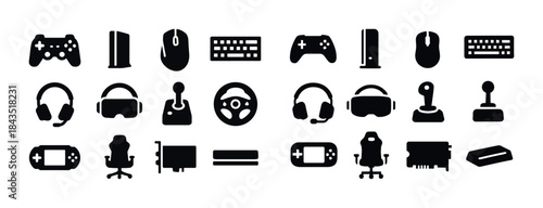 Gaming icon set: controllers, headsets, consoles, keyboards, vr