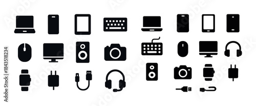 Set of electronic device icons including laptop, camera, and hea