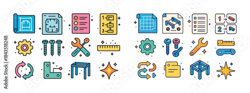Colorful engineering and construction icons with tools and diagr