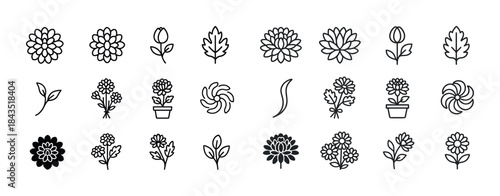 Collection of floral and plant icons in black and white line art