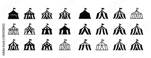 Silhouette set of circus tents with flags in various designs